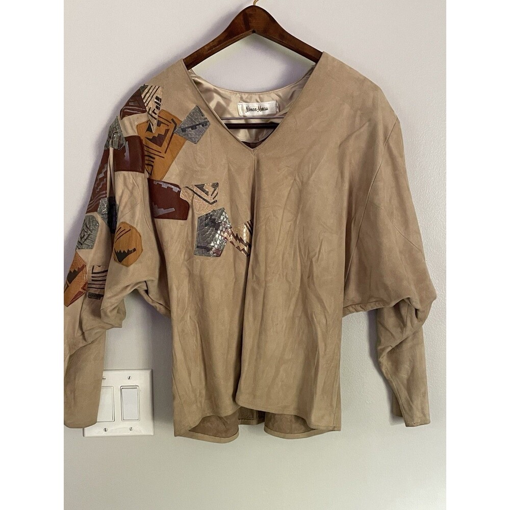 Vintage Neiman Marcus Suede Top Batwing Sleeve Leather Patchwork Bouse Sz M
